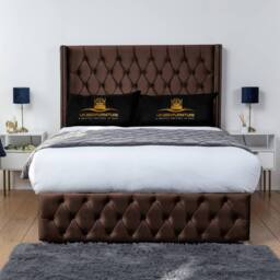 UK Bed Furniture Jasmine Wingback Divan Bed with 2 Foot End Drawers & 54 Inch Headboard in Brown - Size: Small Double - thumbnail 2