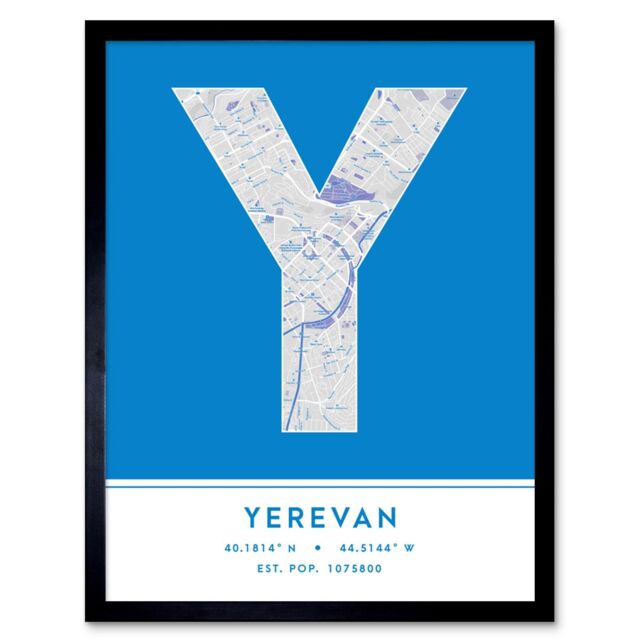 "Wee Blue Coo Wall Art Print Yerevan Armenia City Map Modern Typography Stylish Letter Framed Word in Blue - Size: W12"" x H16""" - image 1