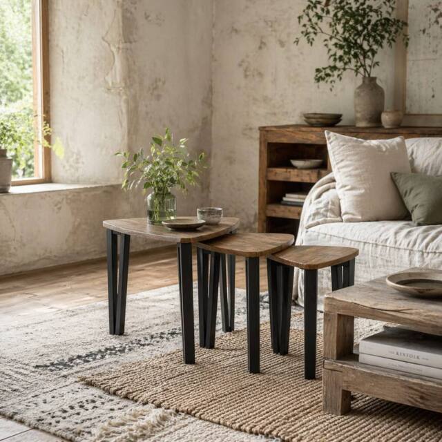 Wyld Haus Coro Set of 3 Triangle Nesting Coffee Tables Walnut Wood Grain Tops - image 1