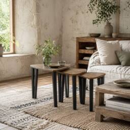 Wyld Haus Coro Set of 3 Triangle Nesting Coffee Tables Walnut Wood Grain Tops