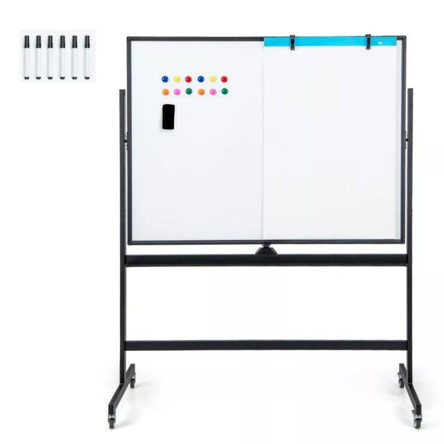 Costway Double Sided Magnetic Whiteboard Adjustable Mobile Revolving Board with Magnets in Black - image 1