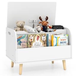 CASART Kids Wooden Toy Box w/ Front Bookshelf Toy Storage Organizer Toy Chest in White