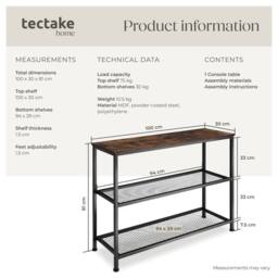 tectake Console Table Bristol - With Tabletop & 2 Wire Shelves in Dark Brown - thumbnail 6