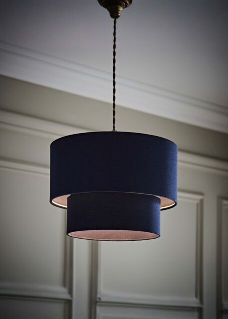 ValueLights Jodie Linen Two Tier Easy Fit Drum Ceiling Light Lamp Shade with Bulb in Navy - image 1