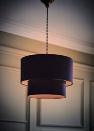 ValueLights Jodie Linen Two Tier Easy Fit Drum Ceiling Light Lamp Shade with Bulb in Navy - thumbnail 2