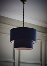 ValueLights Jodie Linen Two Tier Easy Fit Drum Ceiling Light Lamp Shade with Bulb in Navy