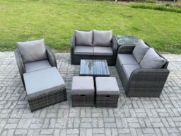 Fimous 8 Piece Garden Furniture Sets 8 Seater Outdoor Patio Furniture Set Weaving Wicker Rattan Sofa Chair & Table with 3 Footstools in Dark Grey - thumbnail 1