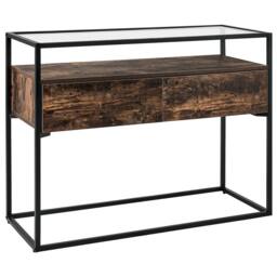 Wyld and Coco Console Table Dark Wood Melamine Tempered Glass Top Metal in Brown - thumbnail 2
