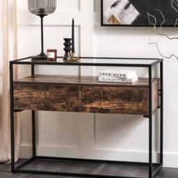 Wyld and Coco Console Table Dark Wood Melamine Tempered Glass Top Metal in Brown