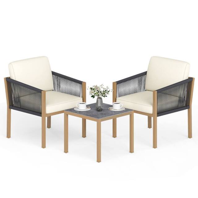 Costway 3PCS Patio Bistro Set Woven Rope Outdoor Conversation Set w/Cushions in Beige - image 1