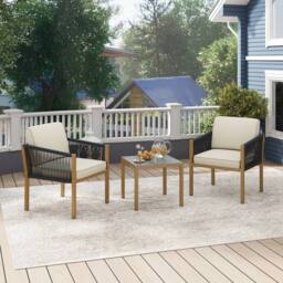 Costway 3PCS Patio Bistro Set Woven Rope Outdoor Conversation Set w/Cushions in Beige - thumbnail 3