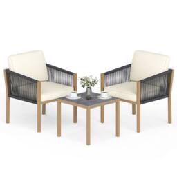 Costway 3PCS Patio Bistro Set Woven Rope Outdoor Conversation Set w/Cushions in Beige