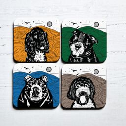 Afewhometruths Dog Lovers' Delight: Set of Four Linocut Coasters with Cocker Spaniel, Staffy, Bulldog & Goldendoodle Designs in White - thumbnail 1