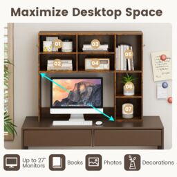 Gymax Desktop Bookshelf Desk Hutch With 3 Adjustable Shelves For Study Room in Brown - thumbnail 8