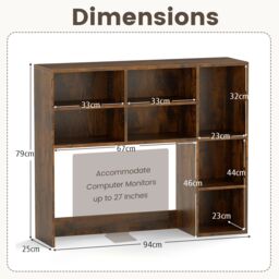 Gymax Desktop Bookshelf Desk Hutch With 3 Adjustable Shelves For Study Room in Brown - thumbnail 2