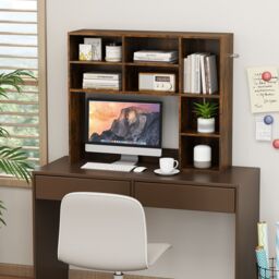 Gymax Desktop Bookshelf Desk Hutch With 3 Adjustable Shelves For Study Room in Brown - thumbnail 7