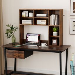 Gymax Desktop Bookshelf Desk Hutch With 3 Adjustable Shelves For Study Room in Brown - thumbnail 9