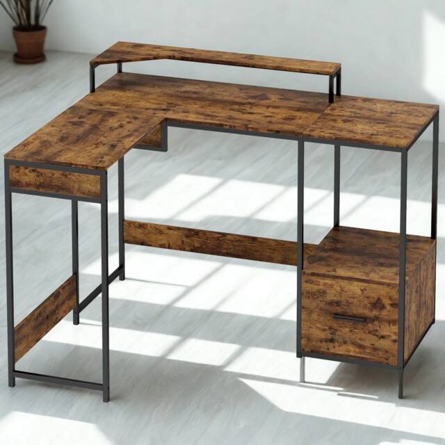 FURNOS Industrial L Shaped Computer Desk With Storage in Brown - image 1