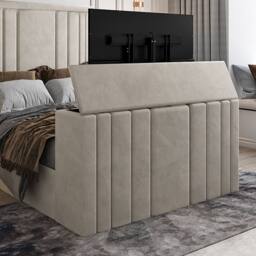 KDMD Yedingham Upholstered Soft Velvet Pebble Tv Bespoke Bed Frame in Light Sand - Size: Single - thumbnail 5