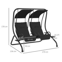 OUTSUNNY Canopy Swing 2 Separate Relax Chairs w/ Handrails, Cup Holders in Black - Size: 2 Seater - thumbnail 3