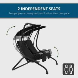 OUTSUNNY Canopy Swing 2 Separate Relax Chairs w/ Handrails, Cup Holders in Black - Size: 2 Seater - thumbnail 4