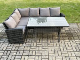 Fimous 6 Seater Garden Rattan Furniture Corner Dining Set Rectangular Dining Table Indoor Outdoor Lounge Sofa Set Dark Grey Mixed - thumbnail 2