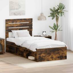 Berkfield Home Bed Frame with Headboard Smoked Oak 75 x 190 cm Solid Pine Wood in Brown - thumbnail 1