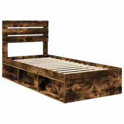Berkfield Home Bed Frame with Headboard Smoked Oak 75 x 190 cm Solid Pine Wood in Brown - thumbnail 4