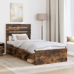 Berkfield Home Bed Frame with Headboard Smoked Oak 75 x 190 cm Solid Pine Wood in Brown - thumbnail 3