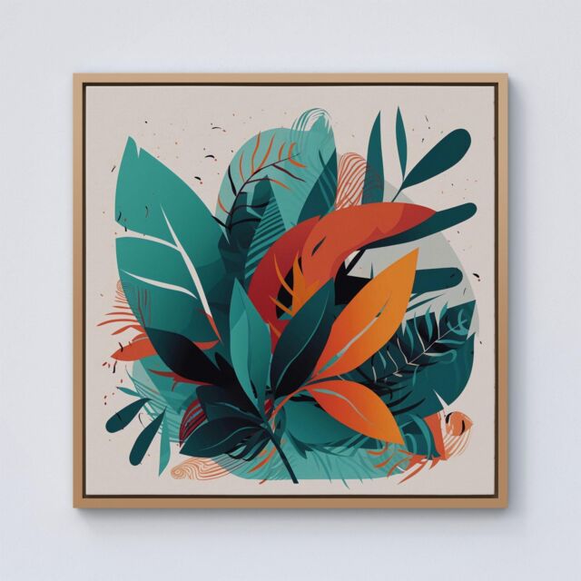 Warren Reed - Designer Green Orange Tropical Leaves Framed Canvas in Light Brown - Size: w40 inch x h40 inch - image 1