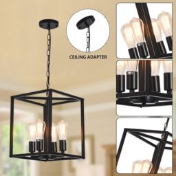 Garwarm Black 4-Light Industrial Vintage Lantern Pendant Light for Kitchen Island Farmhouse Hallway - thumbnail 5