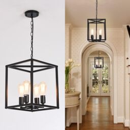 Garwarm Black 4-Light Industrial Vintage Lantern Pendant Light for Kitchen Island Farmhouse Hallway - thumbnail 3