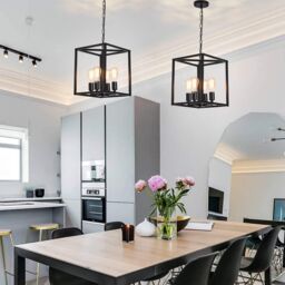 Garwarm Black 4-Light Industrial Vintage Lantern Pendant Light for Kitchen Island Farmhouse Hallway - thumbnail 2