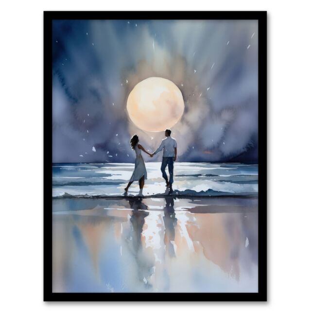 Artery8 Wall Art Print You Me & The Full Moon Watercolour Painting Orange Blue Couple Dancing Under A Full Moon In A Serene Coastal Landscape - image 1
