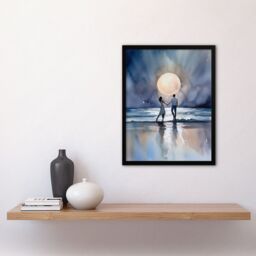 Artery8 Wall Art Print You Me & The Full Moon Watercolour Painting Orange Blue Couple Dancing Under A Full Moon In A Serene Coastal Landscape - thumbnail 4