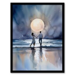 Artery8 Wall Art Print You Me & The Full Moon Watercolour Painting Orange Blue Couple Dancing Under A Full Moon In A Serene Coastal Landscape - thumbnail 1