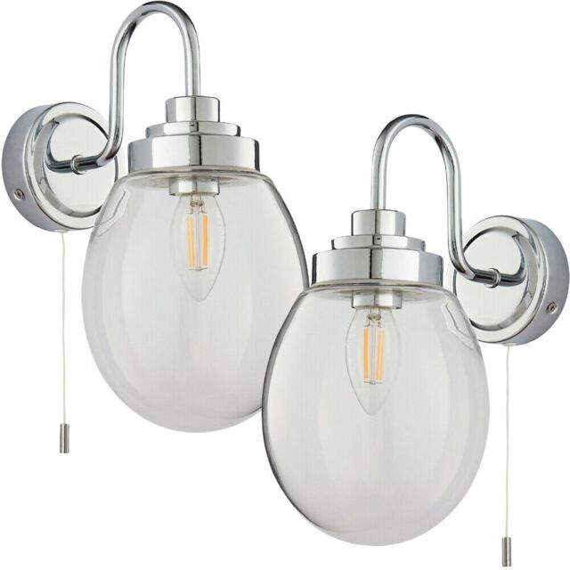 Loops 2 PACK IP44 Bathroom Wall Light Chrome & Round Clear Glass Curved Arm Oval Lamp - image 1