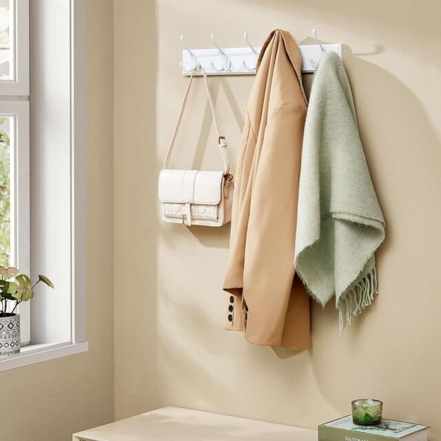 SONGMICS Wall-Mounted Coat Rack 5 Metal Tri-Hooks Pre-Assembled Entryway in White - image 1