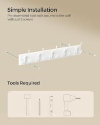 SONGMICS Wall-Mounted Coat Rack 5 Metal Tri-Hooks Pre-Assembled Entryway in White - thumbnail 5