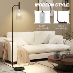 HOMCOM Modern Floor Lamp with Glass Lampshade, Foot Switch for Living Room in Gold - thumbnail 4