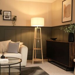 ValueLights Hiru 3 Tier Wooden Shelf Floor Lamp with Boucle Shade & Bulb in Cream - thumbnail 1