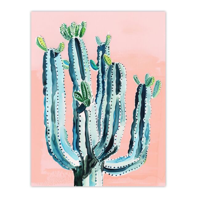 "Artery8 Desert Cactus Pastel Colour Pink Teal Watercolour Wall Art Print - Size: W24"" x H32""" - image 1