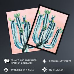 "Artery8 Desert Cactus Pastel Colour Pink Teal Watercolour Wall Art Print - Size: W24"" x H32""" - thumbnail 2