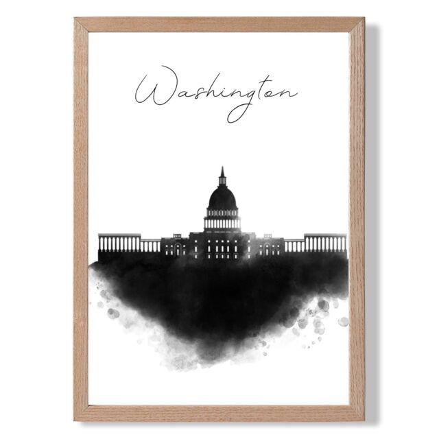 ARTZE Washington Watercolour Skyline City Framed Print SIZE: A2 with Oak Frame in Black - Size: A4 - image 1
