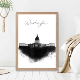 ARTZE Washington Watercolour Skyline City Framed Print SIZE: A2 with Oak Frame in Black - Size: A4 - thumbnail 2