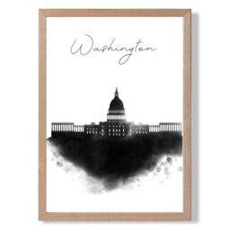 ARTZE Washington Watercolour Skyline City Framed Print SIZE: A2 with Oak Frame in Black - Size: A4 - thumbnail 1