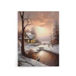 "Artery8 Winter Cottage Snowy Landscape at Sunset Canvas Wall Art Print in Brown - Size: W24"" x H32""" - thumbnail 1