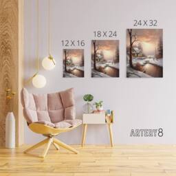 "Artery8 Winter Cottage Snowy Landscape at Sunset Canvas Wall Art Print in Brown - Size: W24"" x H32""" - thumbnail 4