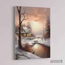 "Artery8 Winter Cottage Snowy Landscape at Sunset Canvas Wall Art Print in Brown - Size: W24"" x H32""" - thumbnail 2