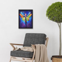 Artery8 Vibrant Neon Dragonfly Glowing Night Oil Painting Artwork Framed Wall Art Print A4 in Black - thumbnail 2